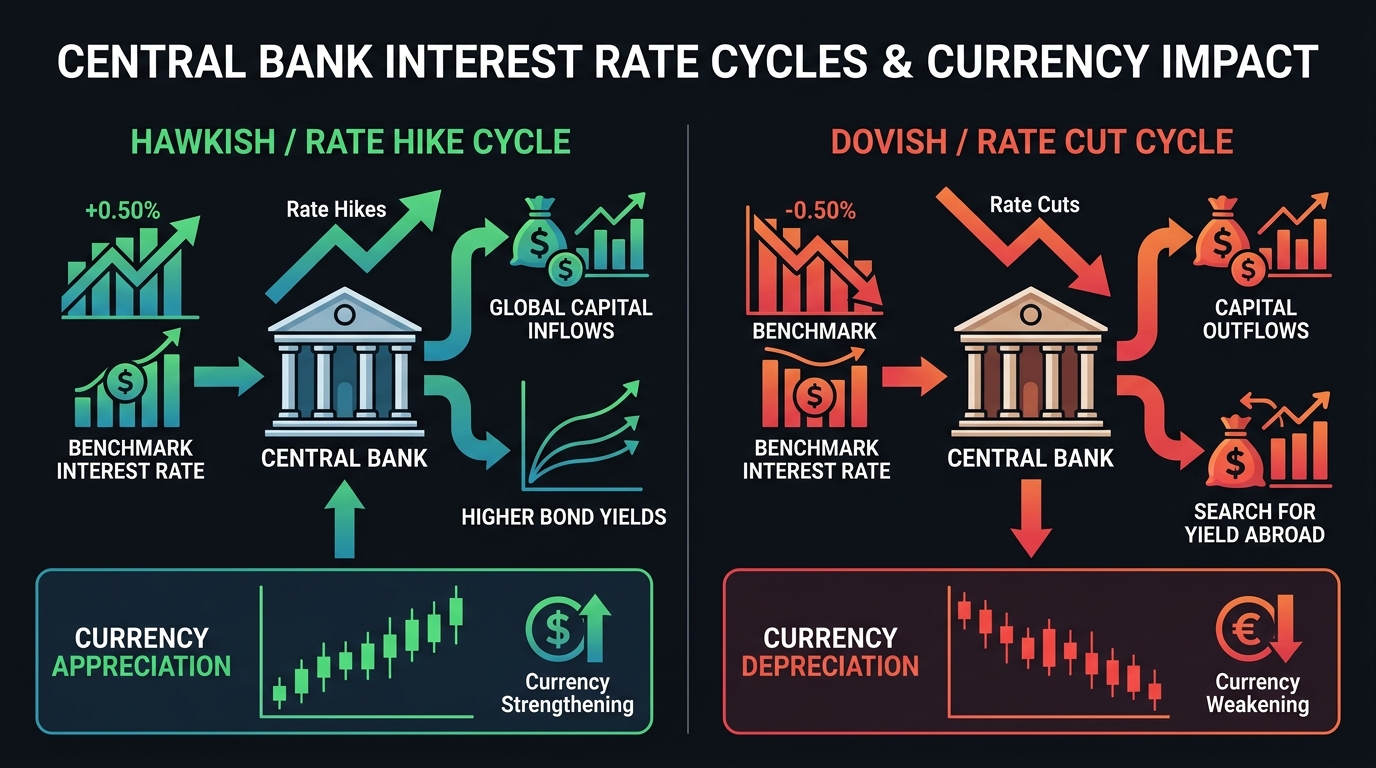 Central Bank Interest Rate Cycles and Currency Impact showing Hawkish Hike vs Dovish Cut mechanisms