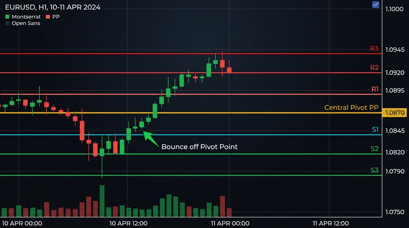 Daily Pivot Points on EUR/USD hourly chart showing Central Pivot PP, Resistance levels R1-R3, and Support levels S1-S3