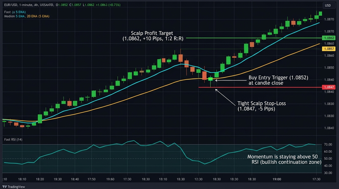1-Minute Forex Scalping Setup on EUR/USD showing key level rejection, entry timing, tight stop-loss, and 1:2 risk-reward target