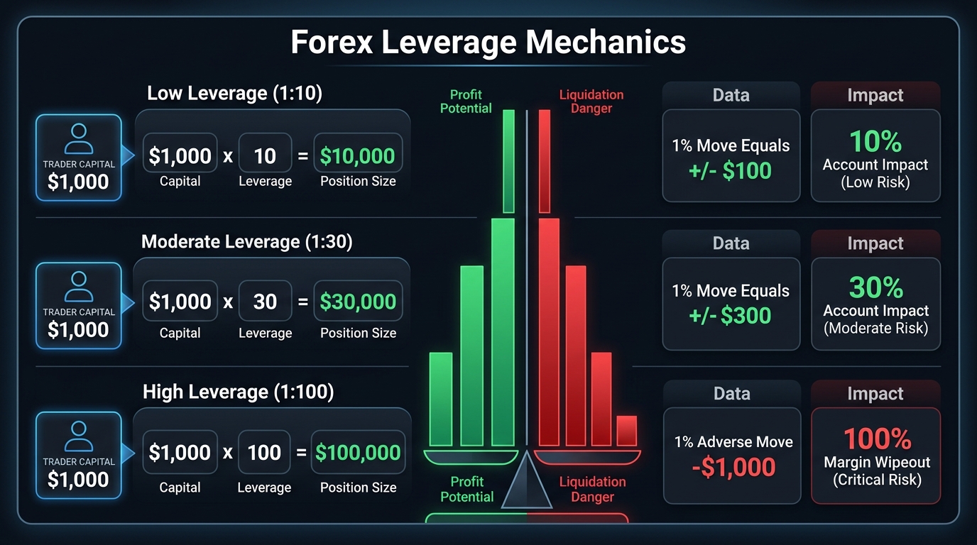 Forex Leverage Mechanics showing position sizing, profit potential, and liquidation danger across 1:10, 1:30, and 1:100 leverage