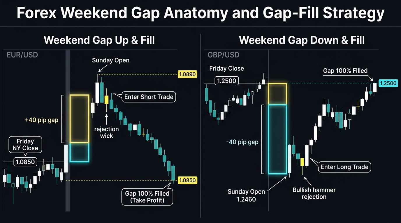 Forex Weekend Gap Anatomy and Gap-Fill Strategy showing Gap Up and Gap Down setups with 100% fill targets