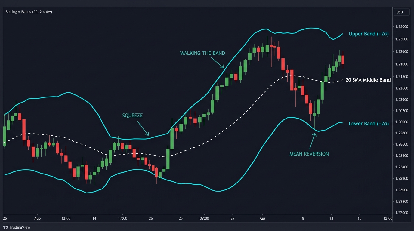 Bollinger Bands Trading Strategy Chart showing Squeeze, Walking the Band, and Mean Reversion setups