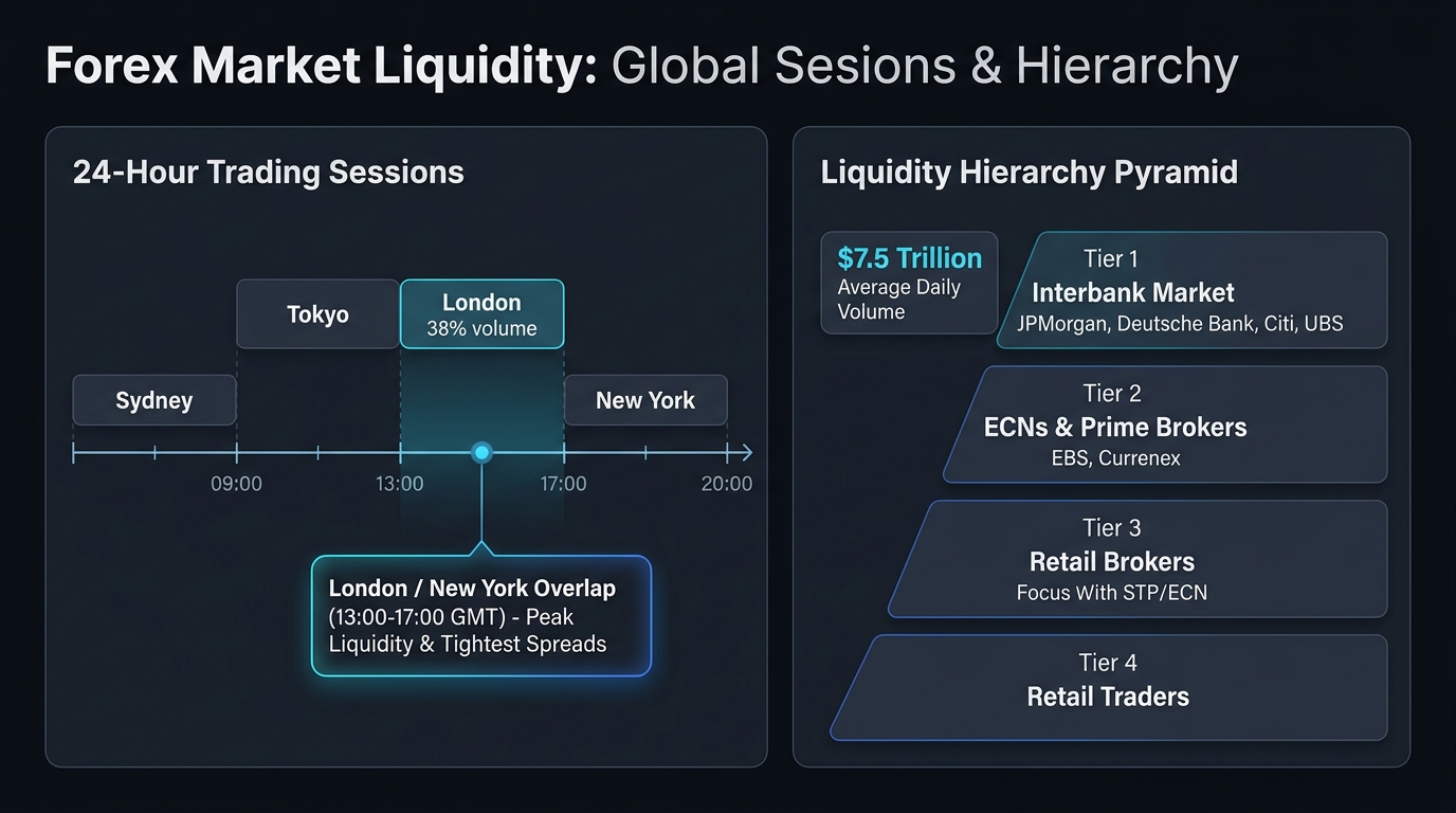 Forex Market Liquidity and 24-Hour Trading Sessions: $7.5 Trillion Daily Volume and Liquidity Hierarchy