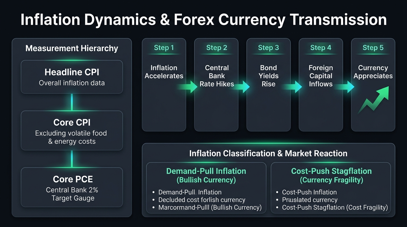 Inflation Dynamics and Forex Currency Transmission Diagram showing Headline CPI, Core CPI, Core PCE and Central Bank Rate Hike Flow