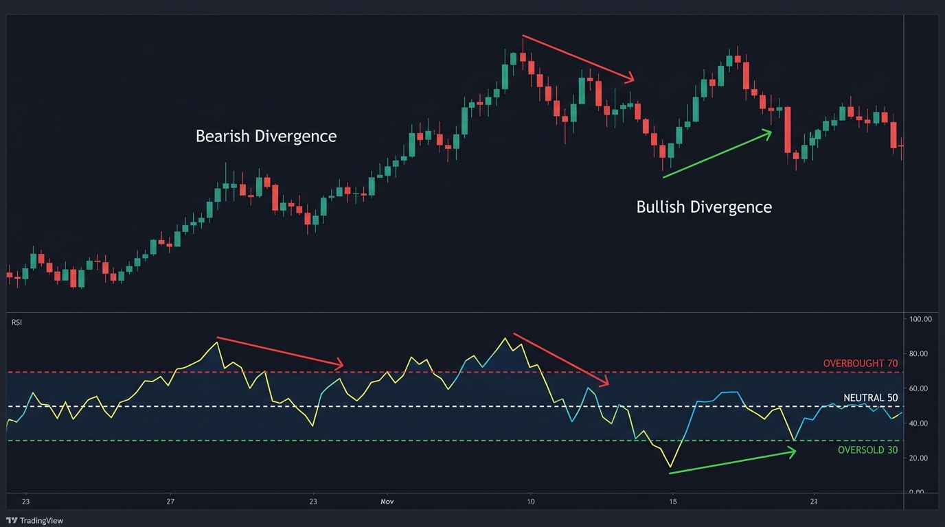Forex Signals and Technical Indicators: Price action and RSI momentum divergence chart