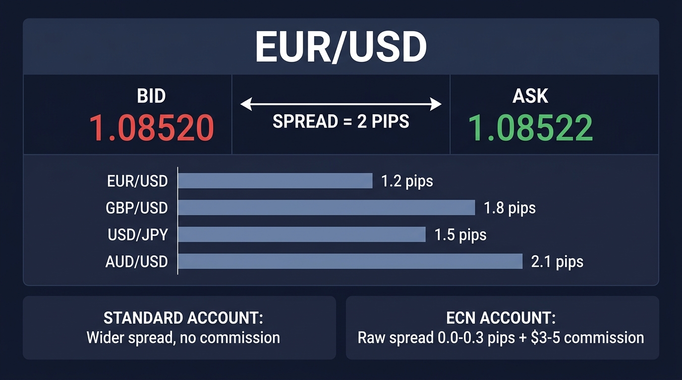 Bid-ask spread visualization comparing standard vs ECN account costs and liquidity impact